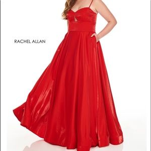 Red satin ball gown with lattice corset back 18w